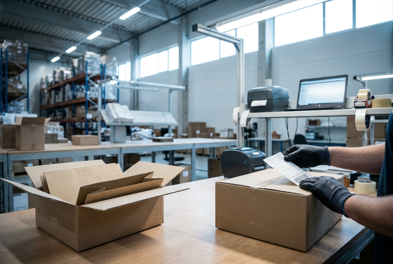 Gros plan sur la préparation d'un colis e-commerce premium dans un entrepôt logistique moderne pour une marque de brandshipping.