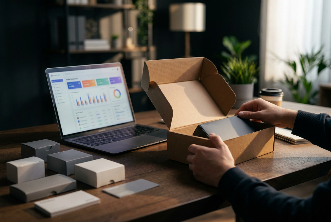 Gros plan sur des mains déballant un colis au design soigné sur un bureau d'entrepreneur e-commerce en plein travail.