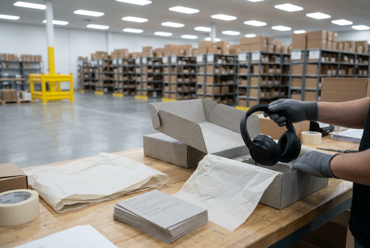 Plan serré sur des mains préparant un colis premium dans un entrepôt logistique de brandshipping moderne.