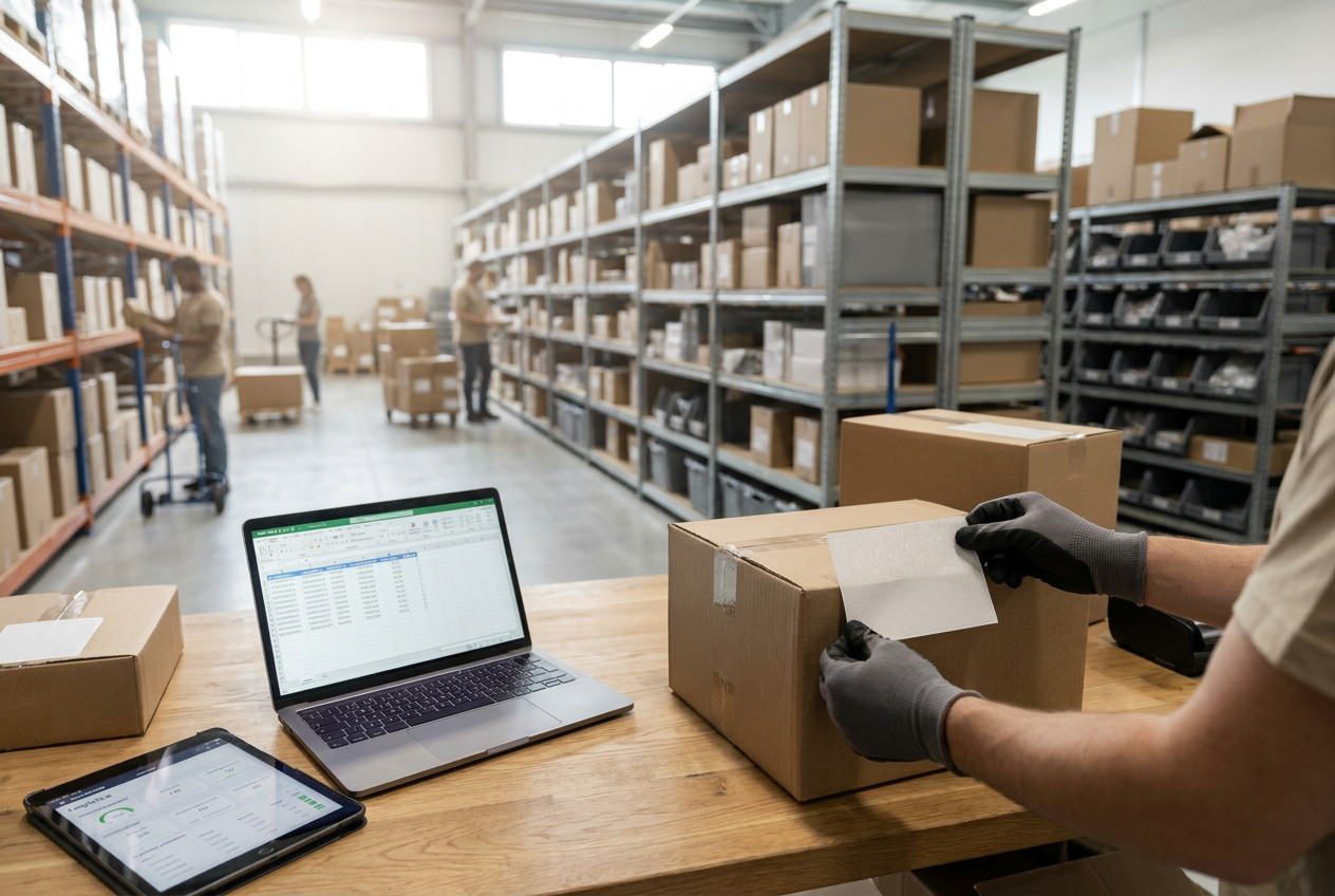 Main d'un entrepreneur préparant l'étiquetage d'un produit dans un entrepôt logistique moderne et lumineux.