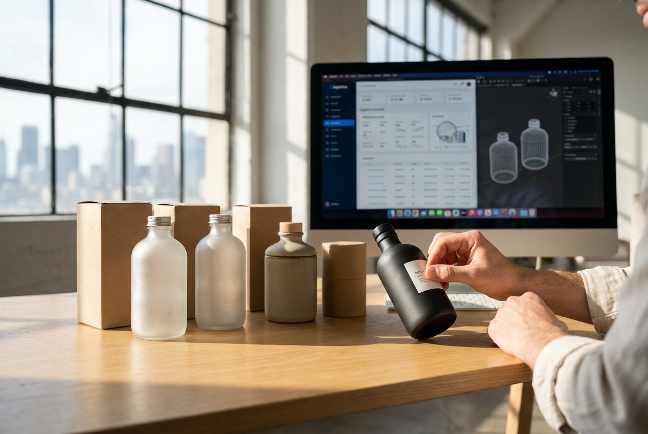 Entrepreneur travaillant sur le design de produits et d'emballages premium dans un bureau lumineux et moderne.