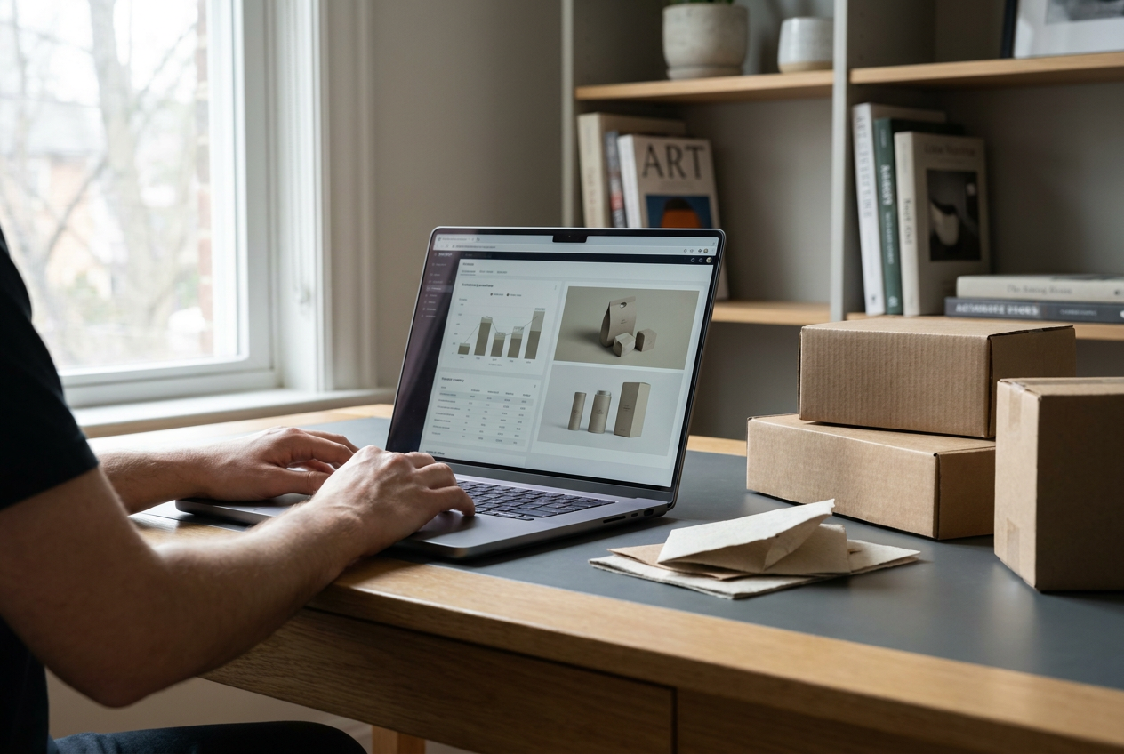 Bureau d'un entrepreneur en ligne avec ordinateur affichant des données et prototypes de packaging pour un business sans stock.