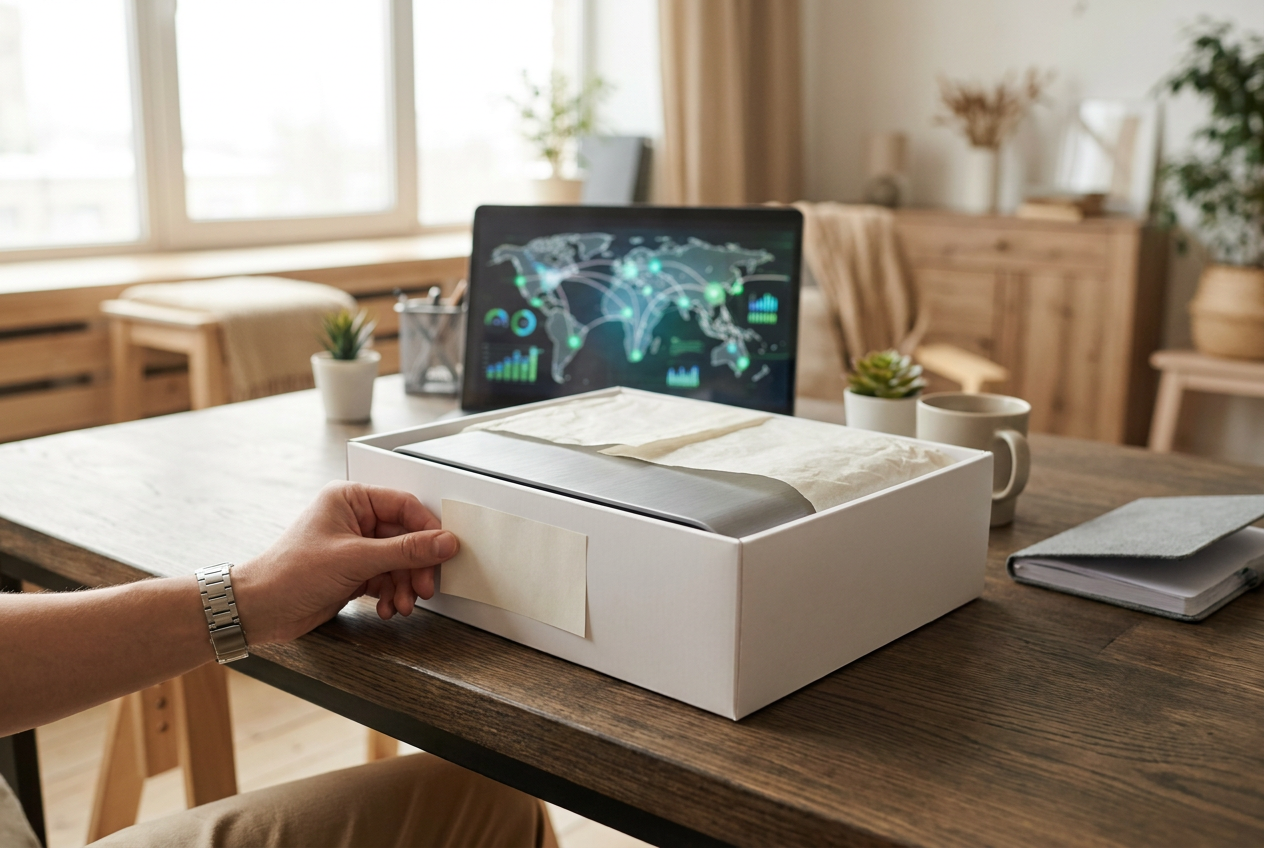 Entrepreneur préparant un colis personnalisé sur un bureau en bois pour illustrer le modèle de brandshipping.