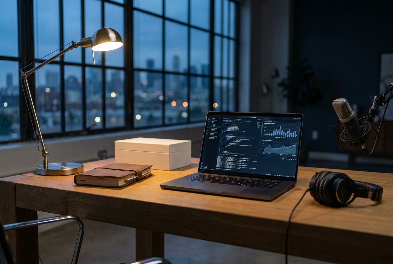 Espace de travail moderne avec ordinateur affichant du code et produits minimalistes illustrant le choix entre SaaS et e-commerce.