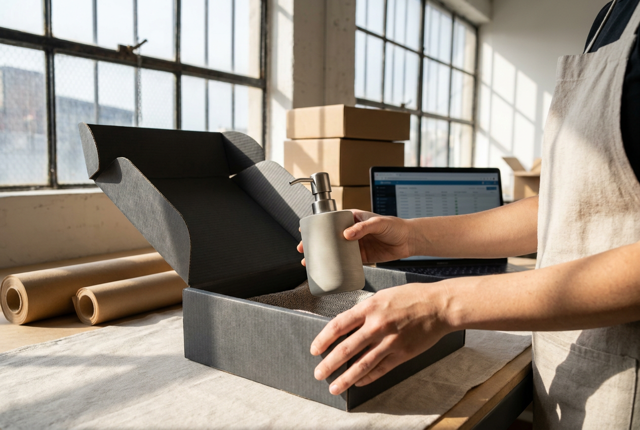 Gros plan sur la préparation d'un colis personnalisé dans un entrepôt logistique moderne pour une marque e-commerce.