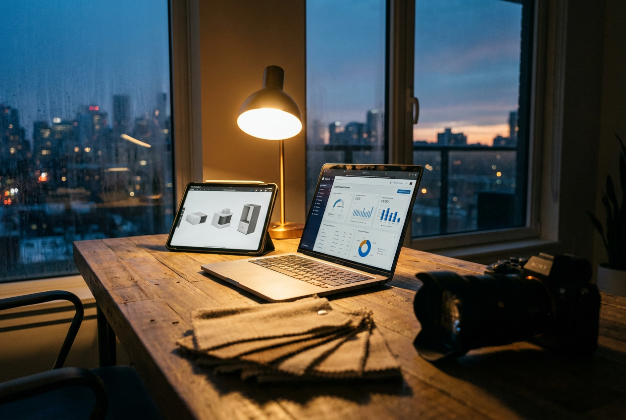 Bureau d'entrepreneur moderne montrant des outils de logistique e-commerce et des échantillons de produits pour créer une marque.