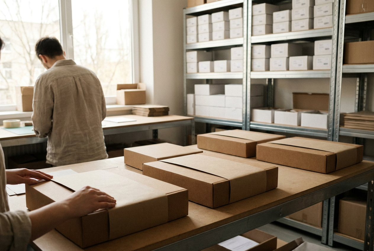 Entrepreneur préparant des colis personnalisés dans un atelier de logistique moderne pour le lancement d'une marque e-commerce.