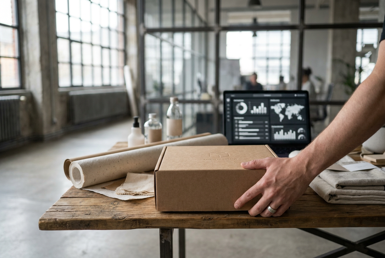 Main d'un entrepreneur préparant un packaging personnalisé dans un atelier e-commerce lumineux et moderne.