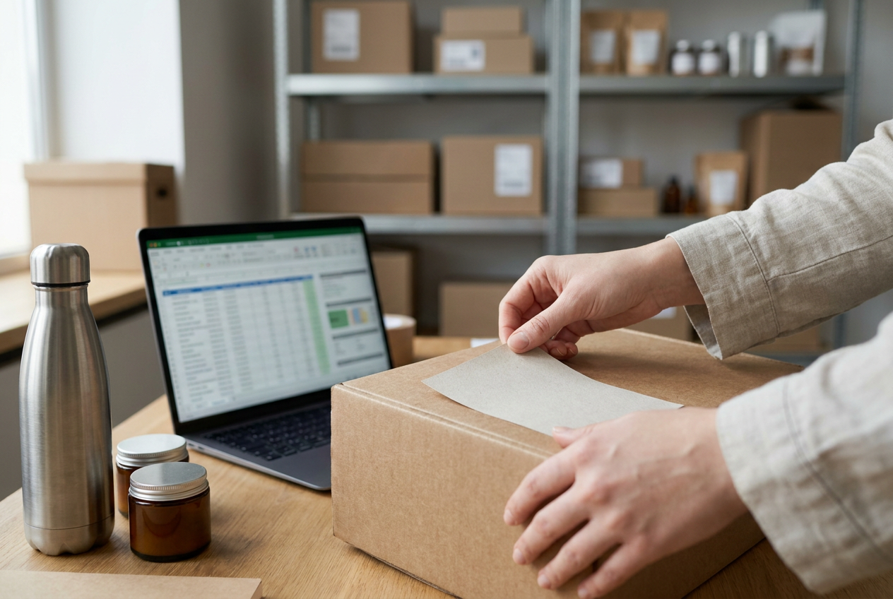 Gros plan sur la préparation de colis de marque personnalisés dans un entrepôt logistique moderne pour illustrer le brandshipping.