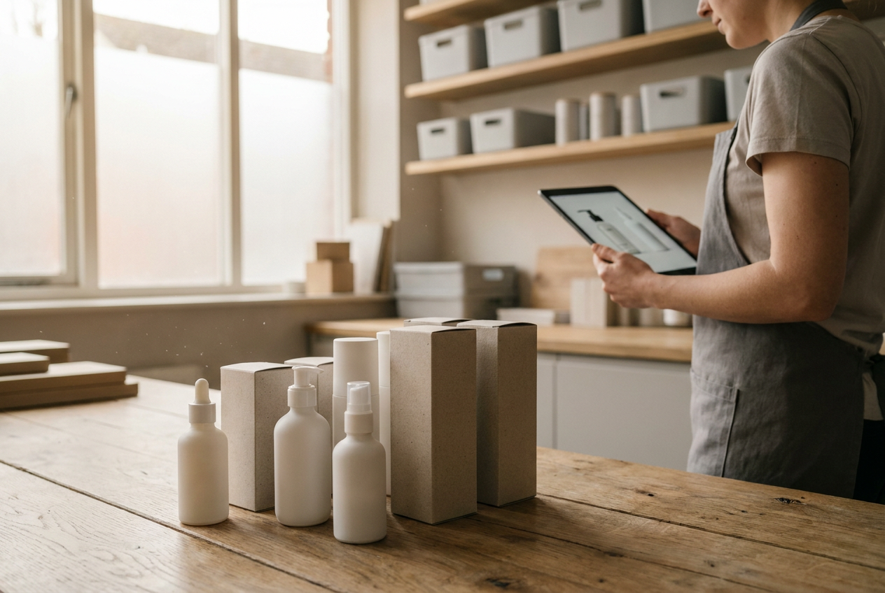 Plan rapproché de flacons cosmétiques et boîtes d'emballage neutres sur un établi en bois dans un atelier de e-commerce moderne.