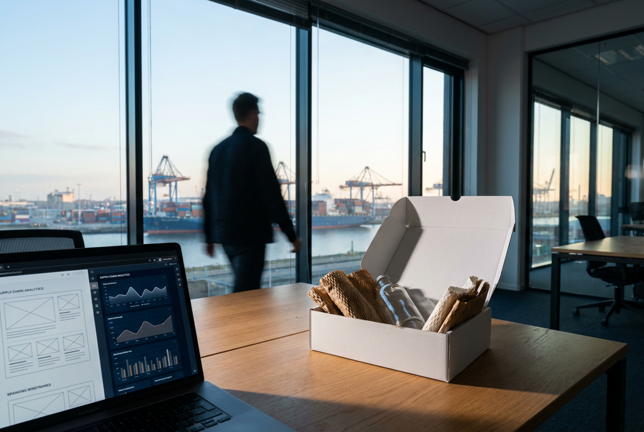 Un bureau moderne avec ordinateur affichant des graphiques de design et un packaging épuré devant une zone portuaire.